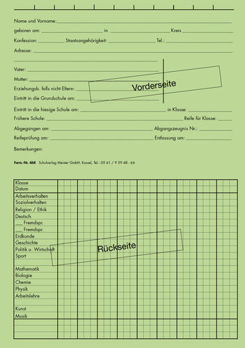 Schülerkarte Sekundarstrufe I, DIN A 6, Form.-Nr. 468